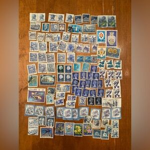 Vintage international & USA Postal Stamps - over 100 postmarked. Blue #3